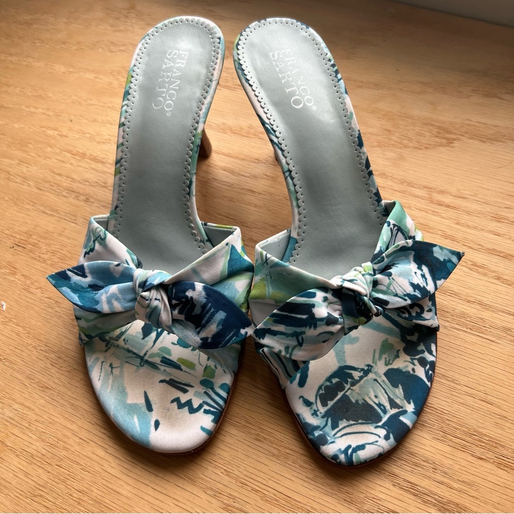 Franco Sarto Floral Blue and White Mules